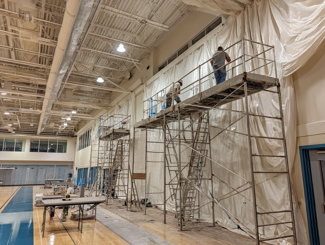 Workers on scaffolding installing acoustic treatment on gymnasium walls